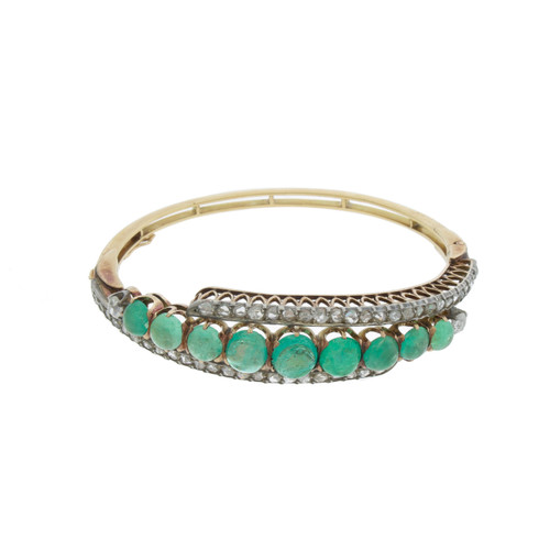 PLATINUM 1940'S CABOCHON CUT GREEN EMERALD AND DIAMOND BRACELET